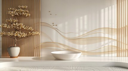 White and gold 3d rendered podium for product display with elegant wallpaper, Japanese Korean style pattern