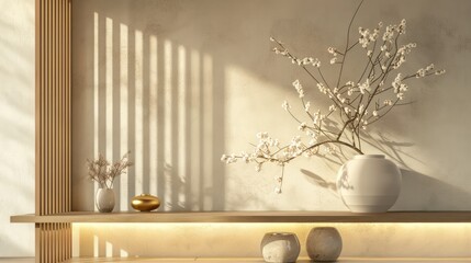 White and beige 3d rendered podium for product display with elegant wallpaper, Japanese Korean style pattern