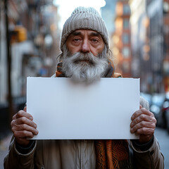 Old man holding mockup billboard during, protest