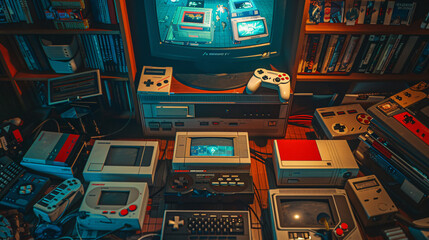 Nostalgic retro gaming setup with classic consoles, cartridges, and a vintage CRT TV