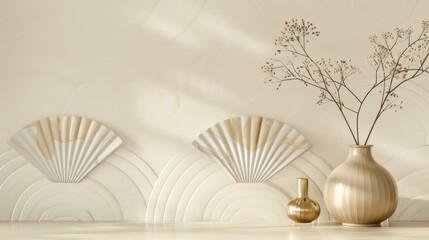 White and beige 3d rendered podium for product display with elegant wallpaper, Japanese Korean style pattern