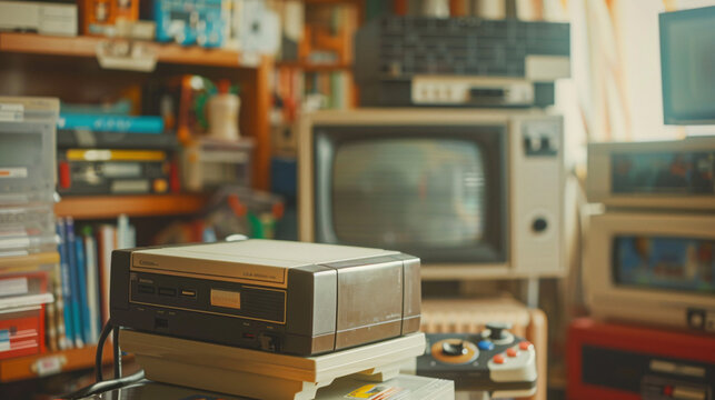 Nostalgic retro gaming setup with classic consoles, cartridges, and a vintage CRT TV