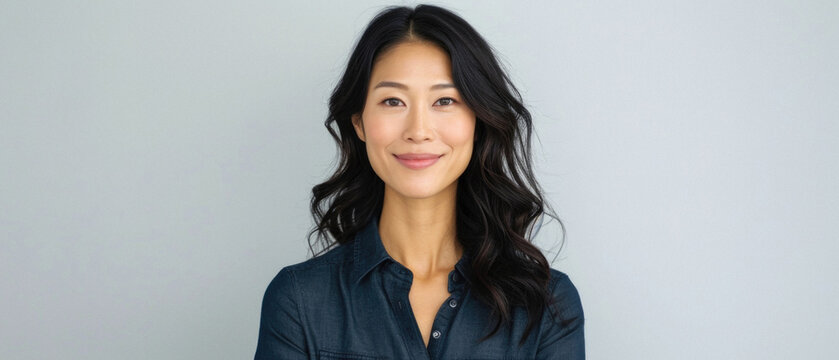 Beautiful confident Asian woman of middle age posing for portrait. Pretty mature adult lady model from Asia looking at camera smiling on background advertising products and services. Close up face .