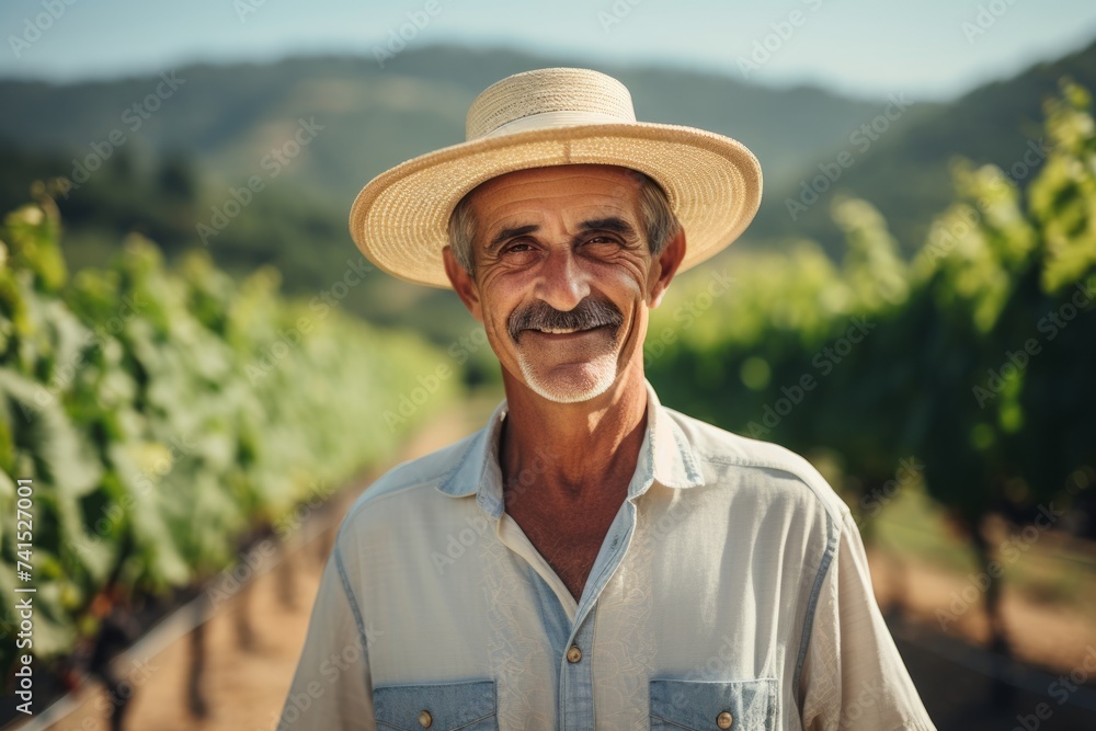 Sticker Portrait of senior man with hat standing in vineyard on sunny day