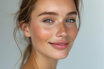 Happy attractive confident young adult or mid aged European woman posing for beauty aesthetic portrait. Beautiful lady smiling on background, attractive female model looking at camera. Close up face .