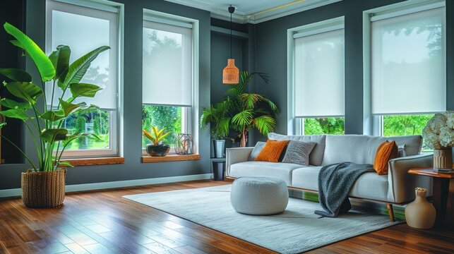 Interior of a modern living room with windows on which white internal roller blinds are installed