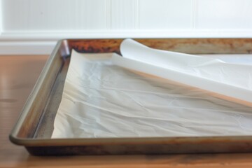 Fototapeta na wymiar lining a baking tray with parchment paper