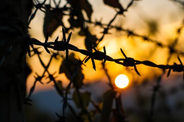 closeup of barbed wire silhouette during sunset