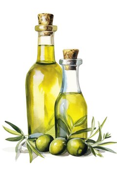 Hand-Drawn Illustration of a Glass Olive Oil Bottle With Fresh Leaves