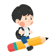 Kid boy student flying on Pencil back to school
