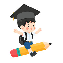 Happy boy student  riding flying pencil go to school