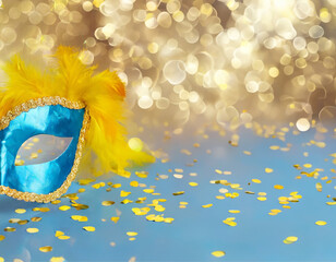 Uma máscara azul com plumas amarelas, sobre fundo azul com glitter dourado em bokeh.