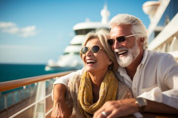A happy couple of retirees enjoying a cruise vacation. Portrait of pensioners, people on vacation, retirees.