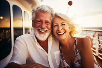 A happy couple of retirees enjoying a cruise vacation. Portrait of pensioners, people on vacation, retirees. - obrazy, fototapety, plakaty