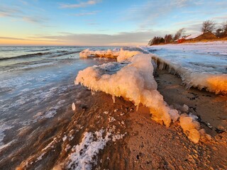 Frozen Baltic Sea Coastline, Minimalistic Winter Landscape with Ice Chunks at Sunset in Latvia,...