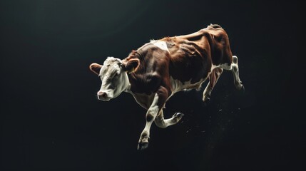 Cow jump on a black background. Flying animal. - obrazy, fototapety, plakaty