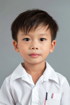 A Chinese child boy with clean hair styles is wearing a white school uniform with an isolated gray background.