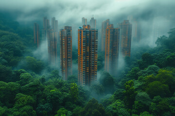 The encroachment of city skylines against the backdrop of a dense forest, symbolizing the ongoing dialogue between urban expansion and the preservation of natural habitats.  Generative Ai. - Powered by Adobe