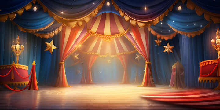Circus tent with stage lights and curtains in the style of nostalgic mood large canvas format
