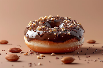 A donut with chocolate glaze and nuts on a beige background.