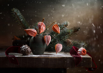 Winter still life with a bouquet of snow-covered spruce branches, physalis and pine cones