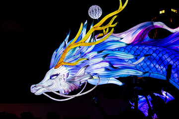 A beautiful Loong or dragon  lantern named Linglong or Soul Dragon,glowing at night in lantern exhibition,to celebrate Chinese Lantern Festival in Chenghuangmiao  City God's Temple,Shanghai,China © Evodigger