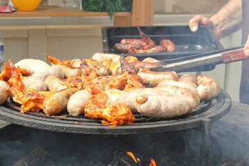 Fried sausages and chicken wings on barbecue grill in the village. Frying meat on open fire. Barbecue party on backyard of country house cabin. Street food festival. Home cooking outdoor. Picnic time