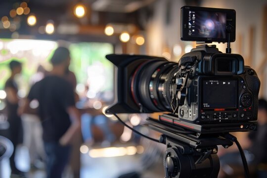A solitary videographer stands in the center of a bustling newsroom, his trusty camera on a tripod capturing every moment with precision and skill