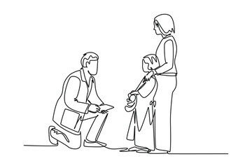 Single one line drawing The doctor is persuading a young patient to find out his physical condition. physical therapy rehabilitation concept. Continuous line draw design vector
