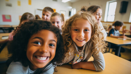 Portrait of smiling schoolchildren looking at camera in classroom at school