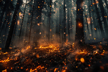 Fire in the forest, environmental protection. Bonfire or flame and burnt tree, nature and plant