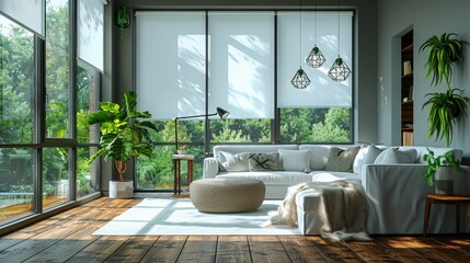 Interior of a modern living room with large windows on which white internal roller blinds are installed