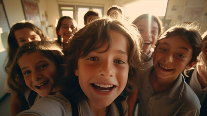 Group of schoolchildren looking at camera and smiling while standing in classroom