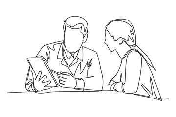 Single one line drawing a doctor is explaining his patient's health condition directly. Continuous line draw design vector