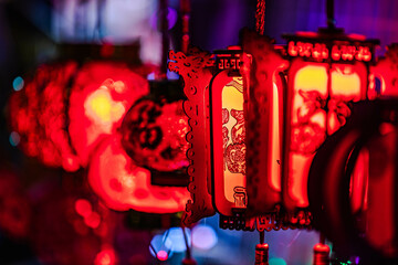 Red traditional styled toy lanterns for sale on stock to celebrate Chinese Lantern Festival,in...