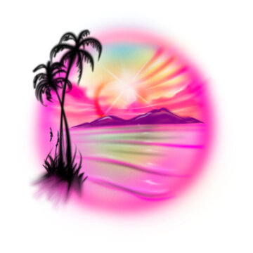 airbrush vintage tropical palm paradise beach island scene with purplish sky on sunset and calm wave for surfing, you can add text for your header or footer design or background poster