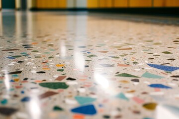 Naklejka premium closeup of shiny new terrazzo floor with multicolored chips