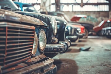 A vintage collection of cars, each with a story to tell, sit parked on the gravel ground of a...