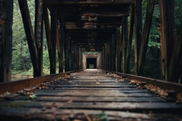 Amidst a lush forest, a rustic wooden bridge stretches over a babbling stream, its tunnel of tree branches inviting you to step into a world of natural wonder