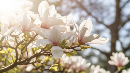 Fleurs de magnolia blanc, sur une branche d'arbre. Arrière-plan de flou, bokeh. Lumière, ensoleillé, chaleur. Printemps, été. Pour conception et création graphique