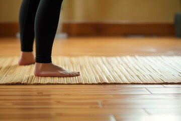 woman practicing yoga on a bamboo floor mat