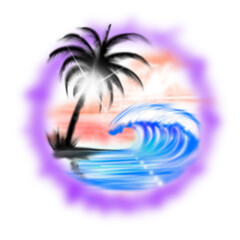 airbrush vintage tropical palm paradise beach island scene with purplish sky on sunset and big wave for surfing, you can add text for your header or footer design or background poster