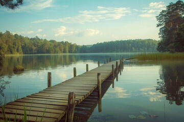 A serene and picturesque scene of a wooden dock stretching over calm waters, surrounded by lush trees and framed by a cloudy sky, inviting one to escape into the peacefulness of nature and the stilln