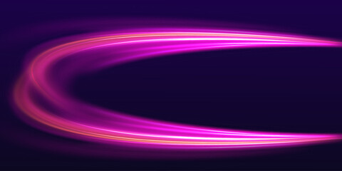 Neon stripes in the form of drill, turns and swirl. Illustration of high speed concept. Image of speed motion on the road. Abstract background in blue and purple neon glow colors.