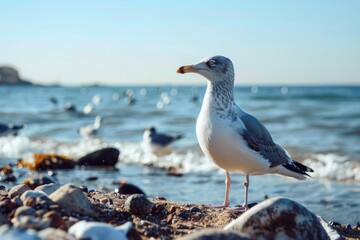 Fototapeta premium A majestic western gull stands proudly on a rocky beach, gazing out at the endless expanse of the sea and sky
