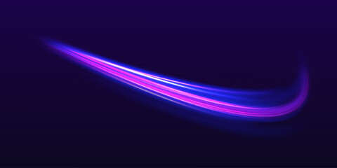 Neon stripes in the form of drill, turns and swirl. Illustration of high speed concept. Image of speed motion on the road. Abstract background in blue and purple neon glow colors.