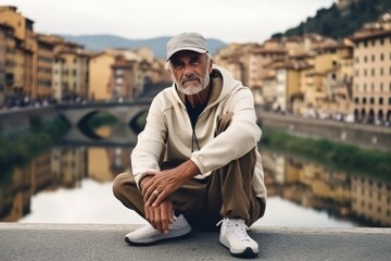 Portrait of an old man sitting on the bridge in Florence, Italy
