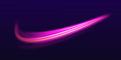 Neon stripes in the form of drill, turns and swirl. Illustration of high speed concept. Image of speed motion on the road. Abstract background in blue and purple neon glow colors.