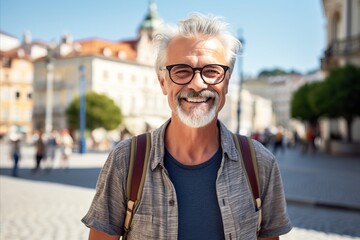 Portrait of a smiling senior man with eyeglasses in Prague, Czech Republic