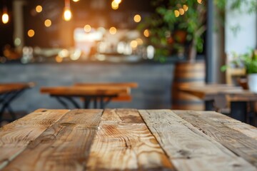 A rustic wooden table stands proudly in front of the bustling restaurant, illuminated by the warm...